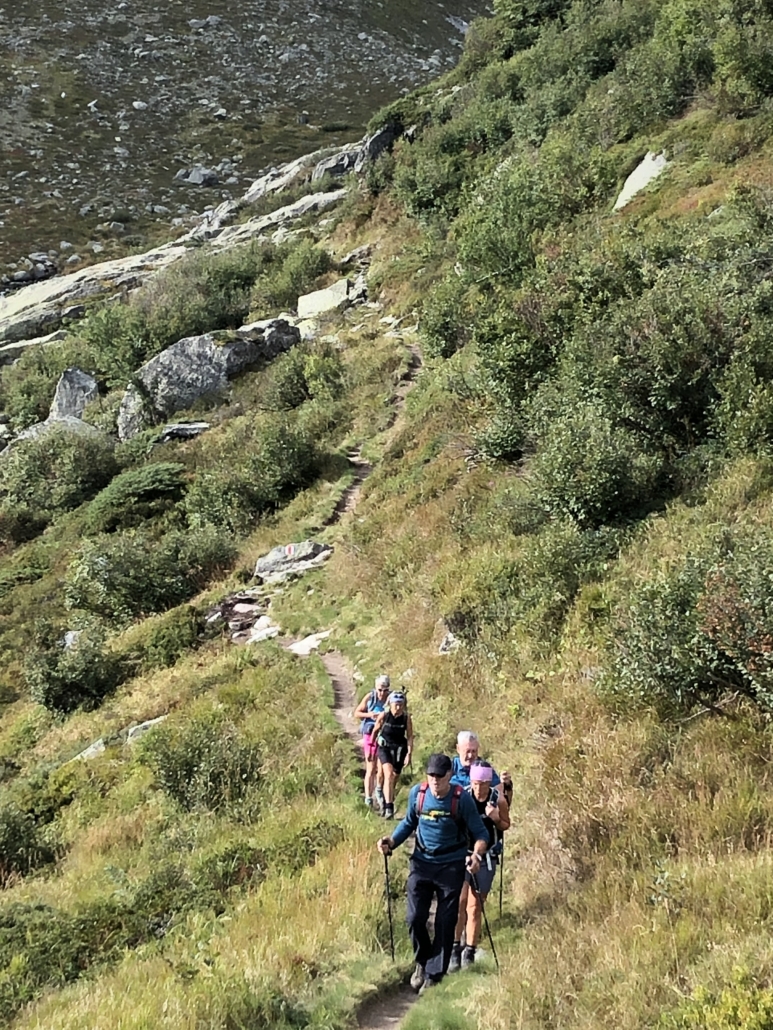Eine Personengruppe in den Bergen beim Hiking.